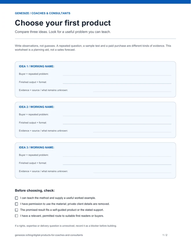 First page of the free product-selection worksheet for coaches and consultants, with space to compare three ideas and record supporting evidence.