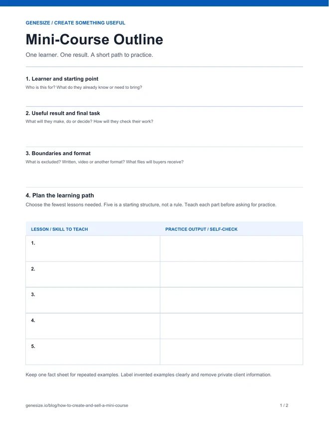 First page of the free Mini-Course Outline, with writing space for the learner, outcome, course boundaries and five lessons.